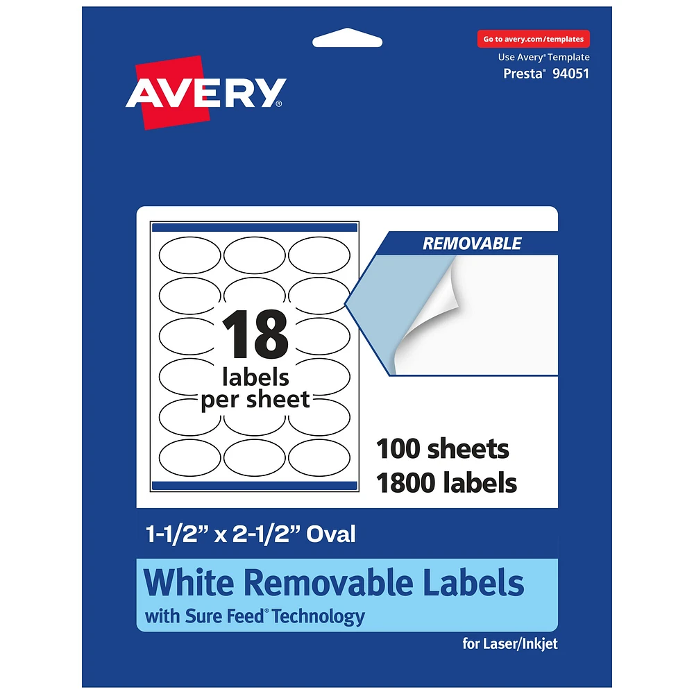 Avery Matte White Removable Oval Labels with Sure Feed Technology, 1.5" x 2.5"