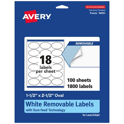 Avery Matte White Removable Oval Labels with Sure Feed Technology, 1.5" x 2.5"