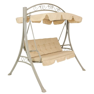 Sunnydaze 3-Person Steel Patio Swing Bench with Canopy/Cushion - Beige by