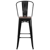 Merrick Lane Donnely Metal Dining Stool with Curved Slatted Back and Textured Wood Seat