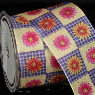 The Ribbon People Blue and Pink Gingham Country Flower Printed Wired Craft Ribbon 2.5" x 27 Yards