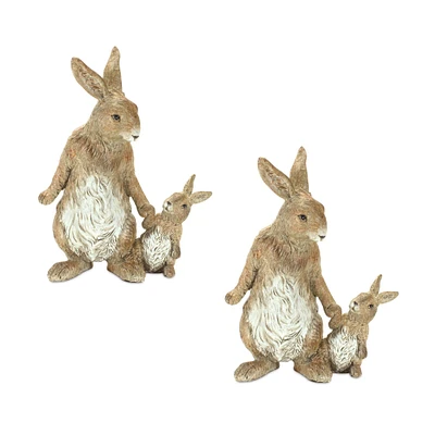 Melrose Set of 2 Brown and White Rabbit with Bunny Tabletop Figurines 7"