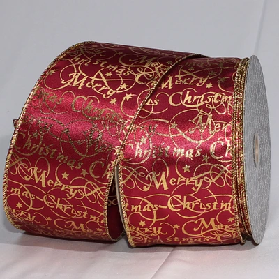 The Ribbon People Burgundy Red and Gold "Merry Christmas" Wired Craft Ribbon 3" x 40 Yards