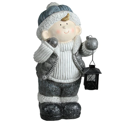 Northlight 18.5" White and Gray Little Boy Holding Tea Light Lantern Christmas Tabletop Figure