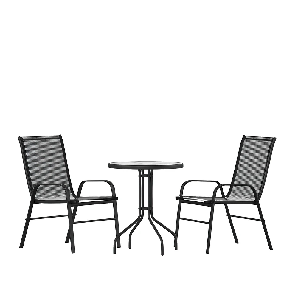 Emma and Oliver Three Piece Patio Table Set with Round Metal Frame Table with Tempered Glass Top and Two Flex Comfort Stacking Chairs