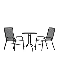 Emma and Oliver Three Piece Patio Table Set with Round Metal Frame Table with Tempered Glass Top and Two Flex Comfort Stacking Chairs