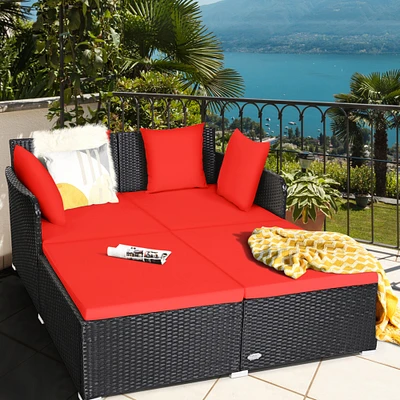 Gymax Rattan Patio Daybed Loveseat Sofa Yard Outdoor w/ Red Cushions Pillows