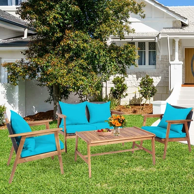 Gymax 4PCS Patio Conversation Set Wood Frame Furniture Set w/ Turquoise Cushions