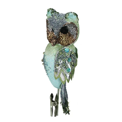 Melrose 10" Green Glittered and Sequined Owl Clip On Christmas Ornament