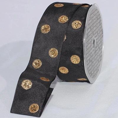 The Ribbon People Gold Colored Polka Doted Black Fine Taffeta Wired Craft Ribbon 1.5" x 27 Yards