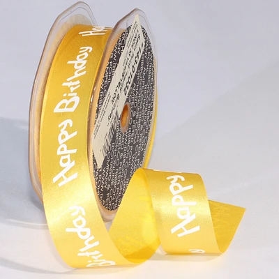 The Ribbon People Yellow Satin "Happy Birthday" Printed Craft Ribbon 1" x 132 Yards