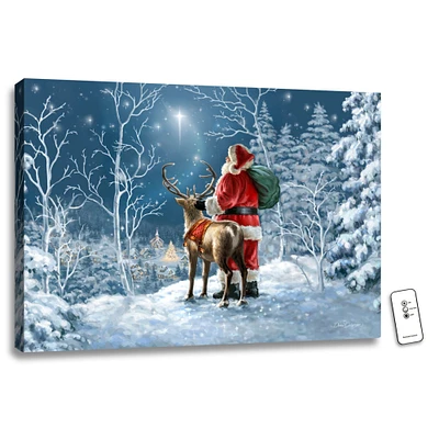 Glow Decor 18" x 24" White and Red Starry Night Santa Christmas Back-lit Wall Art with Remote Control