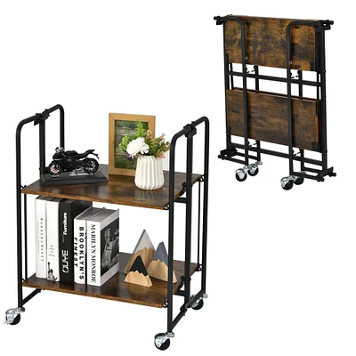 Gymax -Tier Folding Bar Cart Kitchen Serving Island Utility Cart Storage Shelves