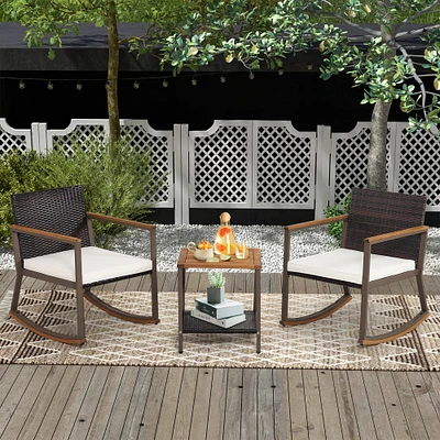 3 Pieces Rattan Rocking Bistro Set with Coffee Table and Cushions-Off White