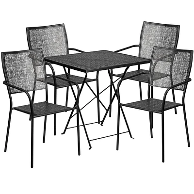 Emma and Oliver Commercial 28" Square Metal Folding Patio Table Set w/ 4 Square Back Chairs
