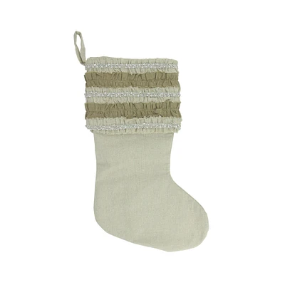 CC Christmas Decor 21" Ivory and Sage Green Rustic Christmas Stocking with Beaded Ruffled Cuff