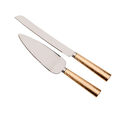 Contemporary Home Living Set of 2 Gold Hammered Metal Handle Cake Knife and Server Set