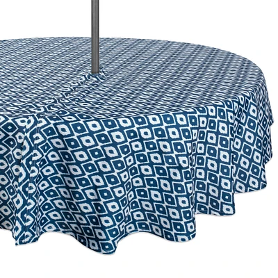 CC Home Furnishings Blue and White Ikat Patterned Round Tablecloth with Zipper 60”