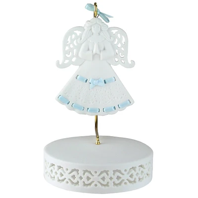 Roman Blue Ribbon Porcelain Angel Ornament With Hanger and Base #46721B