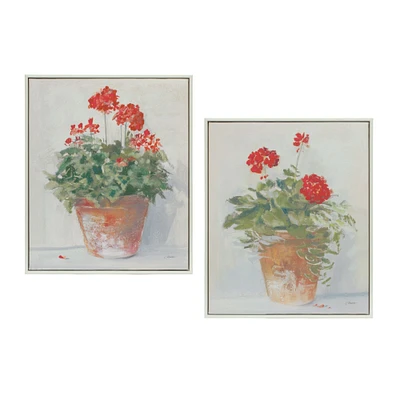 Melrose Set of 2 Green and Red Potted Geranium Canvas Wall Art, 10.5" x 12.5"