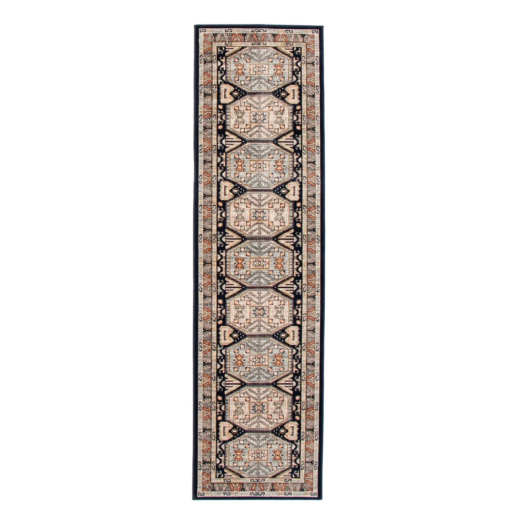 Chaudhary Living 2.5' x 10' Navy Blue and Cream Medallion Geometric Rectangular Rug Runner