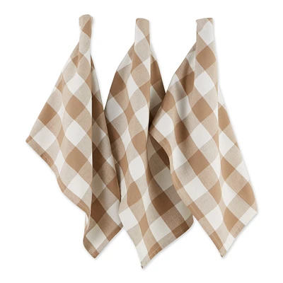 Contemporary Home Living Set of 3 20" x 30" Stone Brown and Cotton White Buffalo Check Dishtowel