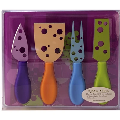 GC Home & Garden Set of 4 Cheese Knives with Purple Tempered Glass Cutting Board 7.25"