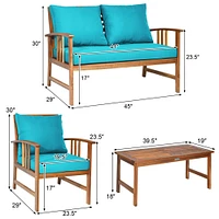 4 Pieces Wooden Patio Furniture Set Table Sofa Chair Cushioned Garden