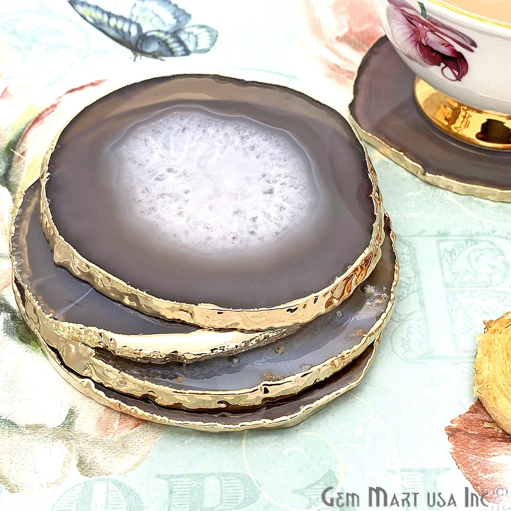 Natural Agate Coasters, 2pc Set Drinkware Coasters, Electroplated Agate Slice Home Décor, Agate Canvas, Set of 2, GemMartUSA (NACO)