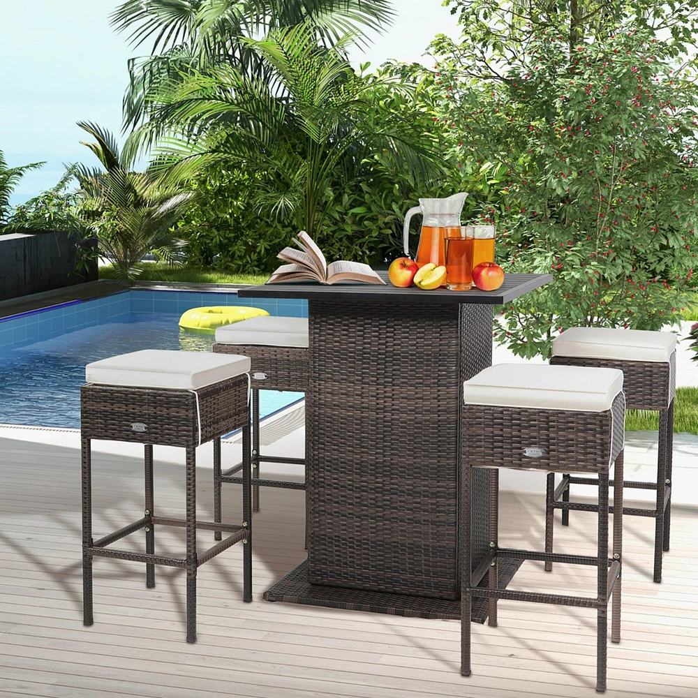 Gymax 5PCS Patio Bar Set Rattan Bar Furniture Set w/ Table and 4 Cushioned Stools