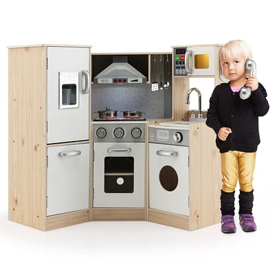 Gymax Kids Corner Wooden Kitchen Playset Pretend Cooking Toy w/ Cookware Accessories