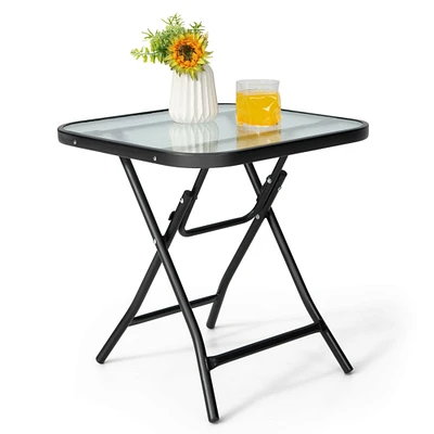 Gymax 18 Foldable Patio Side Table Square Coffee Bistro Table w/ Tempered Glass Table Top