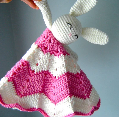 Crochet Bunny Lovey, Pink and White Security Blanket