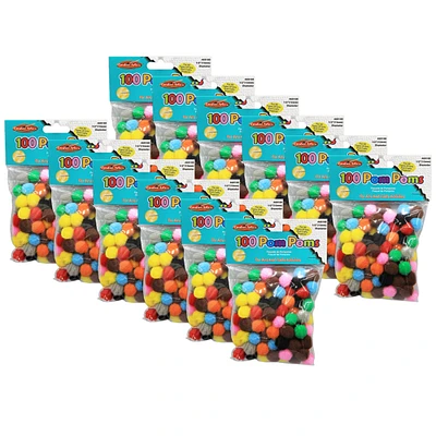 Pom-Poms 1/2", Assorted Colors, 100 Per Pack, 12 Packs