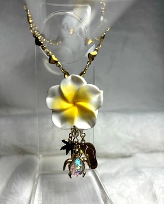 Handbag Charm 30mm WHITE and YELLOW Plumerias (2) attaches gold tone Iridescent Turtle, Flip Flops, and Coconut Tree on STLS Heart Chain