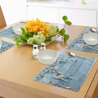 Ambesonne Rustic Place Mats Set of 4, Branch Blooming Warm Season Flowers on Wooden Fragility of Spring, Washable Fabric Placemats for Dining Table, Standard Size, White Pale Blue