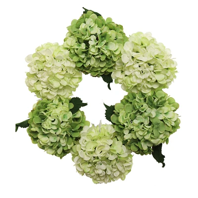 18" Mixed Green Hydrangea Wreath with Grapevine Ring & Silk Blooms
