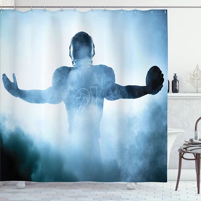 Ambesonne Sport Shower Curtain, Heroic Shaped Rugby Player Silhouette Shadow Standing in Fog Playground Global Sports Photo, Cloth Fabric Bathroom Decor Set with Hooks, 69" W x 70" L, Blue