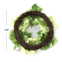 18" Mixed Green Hydrangea Wreath with Grapevine Ring & Silk Blooms