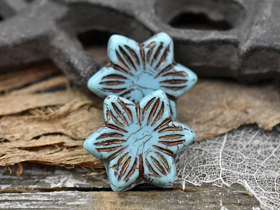 *2* 18mm Bronze Patina Washed Blue Turquoise Star Flower Beads
