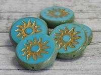 21mm Gold Washed Opaque Turquoise Picasso Table Cut Sun Design Coin Beads