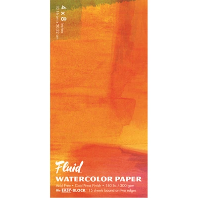 Fluid Artist Watercolor Block, 140 lb (300 GSM) Cold Press Paper Pad for Watercolor Painting and Wet Media with Easy Block Binding, 4 x 8 inches, 15 White Sheets