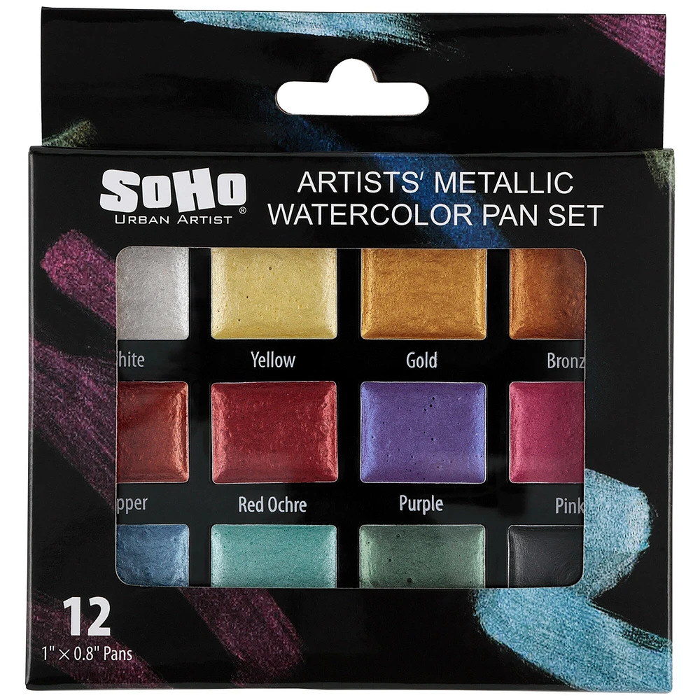 SoHo Urban Artist Metallic Watercolor Paint Sets Semi-Moist Whole Pan Vibrant Shimmering Glitter Colors, Works on Black Paper