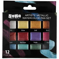 SoHo Urban Artist Metallic Watercolor Paint Sets Semi-Moist Whole Pan Vibrant Shimmering Glitter Colors, Works on Black Paper