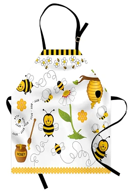 Ambesonne Collage Apron, Flying Bees Daisies Honey Chamomile Flowers Springtime Animal Print, Unisex Kitchen Bib with Adjustable Neck for Cooking Gardening, Adult Size, Yellow White and Black