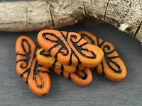 *6* 19x9mm Black Washed Matte Opaque Orange Arabesque Beads