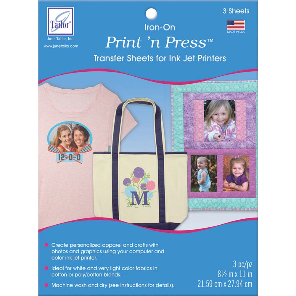 June Tailor Print'n Press Iron-On Transfer Paper 3/Pkg-White, 8.5"X11"