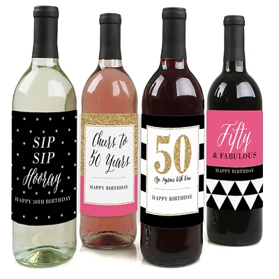 Big Dot of Happiness Chic 50th Birthday - Pink, Black and Gold - Birthday Gift For Women - Wine Bottle Label Stickers - Set of 4