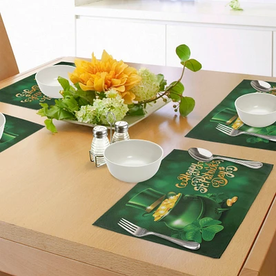 Ambesonne St. Patrick's Day Place Mats Set of 4, Large Pot of Gold Leprechaun Hat Shamrocks Greetings 17th March, Washable Fabric Placemats for Dining Table, Standard Size, Yellow and Emerald