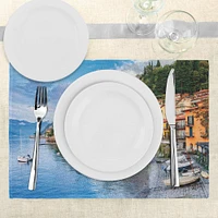 Ambesonne Italian Place Mats Set of 4, Summer Village by the Mediterranean Sea with Yacht Boats Idyllic Town Panorama, Washable Fabric Placemats for Dining Table, Standard Size, Multicolor